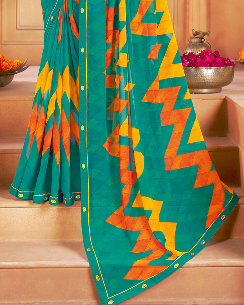 Vishal Prints Teal Green Printed Georgette Saree With Fancy Border