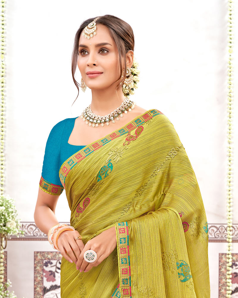 Vishal Prints Olive Yellow Designer Fancy Chiffon Saree With Foil Print And Border