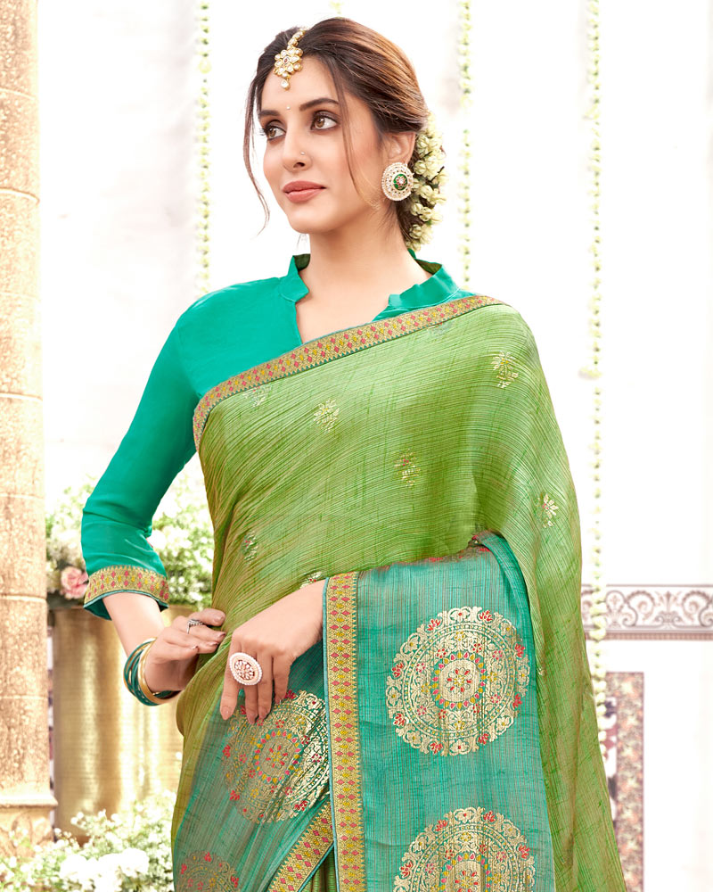 Vishal Prints Olive Green Designer Fancy Chiffon Saree With Foil Print And Border