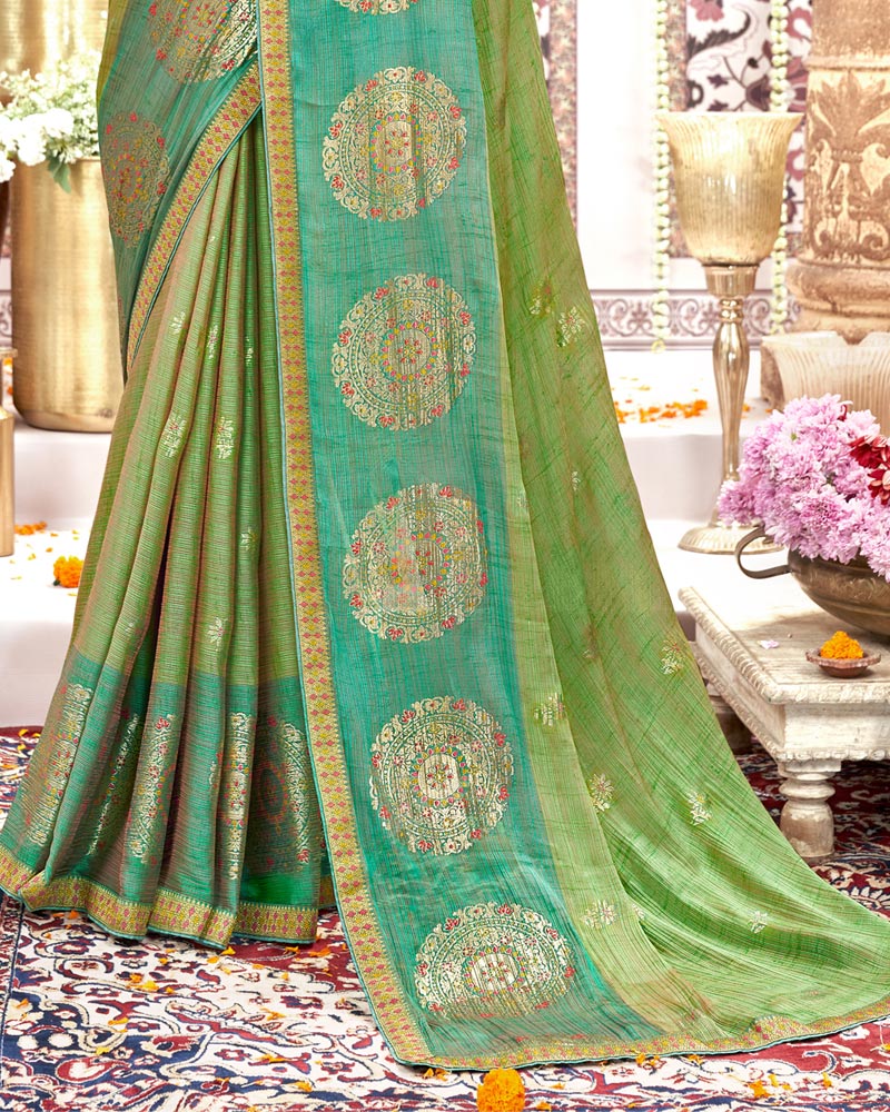 Vishal Prints Olive Green Designer Fancy Chiffon Saree With Foil Print And Border