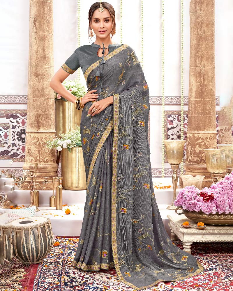 Vishal Prints Charcoal Grey Designer Fancy Chiffon Saree With Foil Print And Border