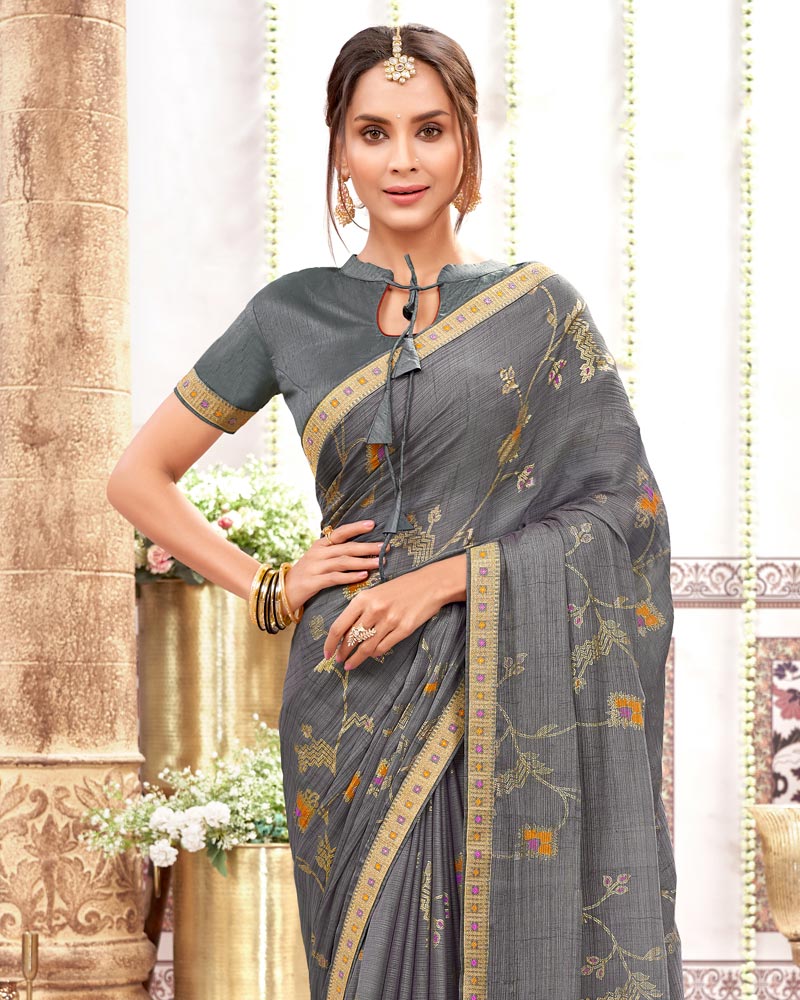 Vishal Prints Charcoal Grey Designer Fancy Chiffon Saree With Foil Print And Border