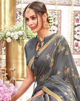 Vishal Prints Charcoal Grey Designer Fancy Chiffon Saree With Foil Print And Border