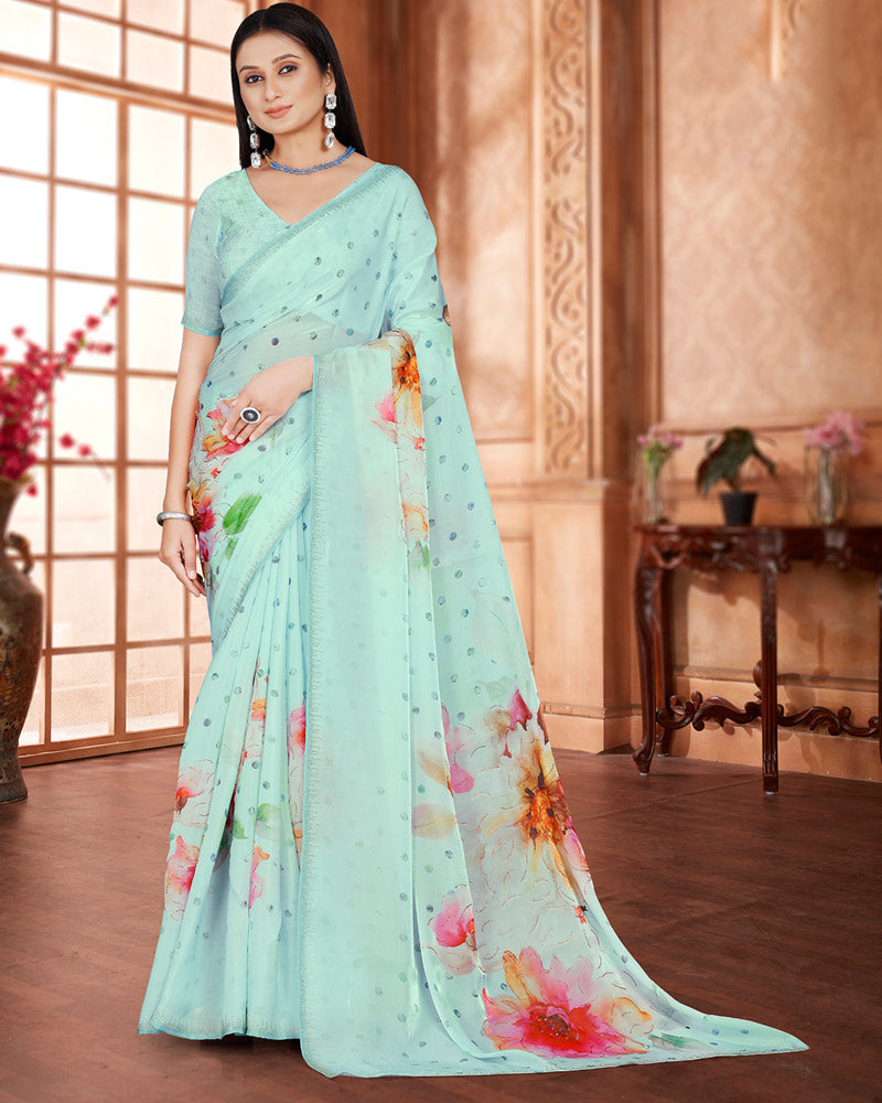 Vishal Prints Pastel Teal Blue Digital Print Organza Saree With Diamond Work