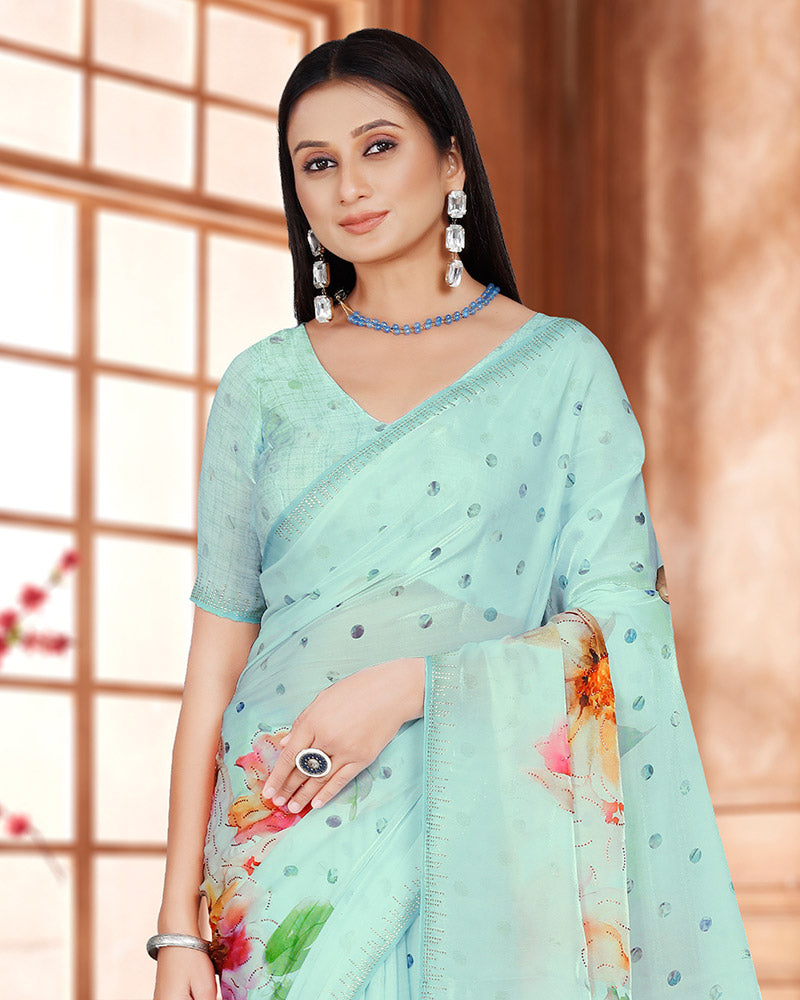 Vishal Prints Pastel Teal Blue Digital Print Organza Saree With Diamond Work