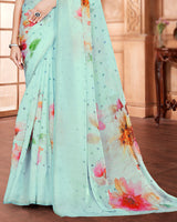 Vishal Prints Pastel Teal Blue Digital Print Organza Saree With Diamond Work