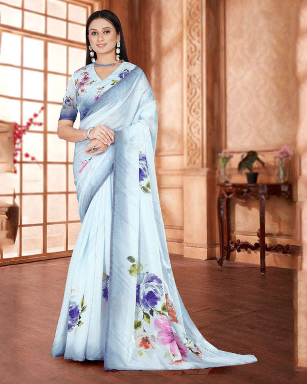 Vishal Prints White Ice Digital Print Organza Saree With Diamond Work