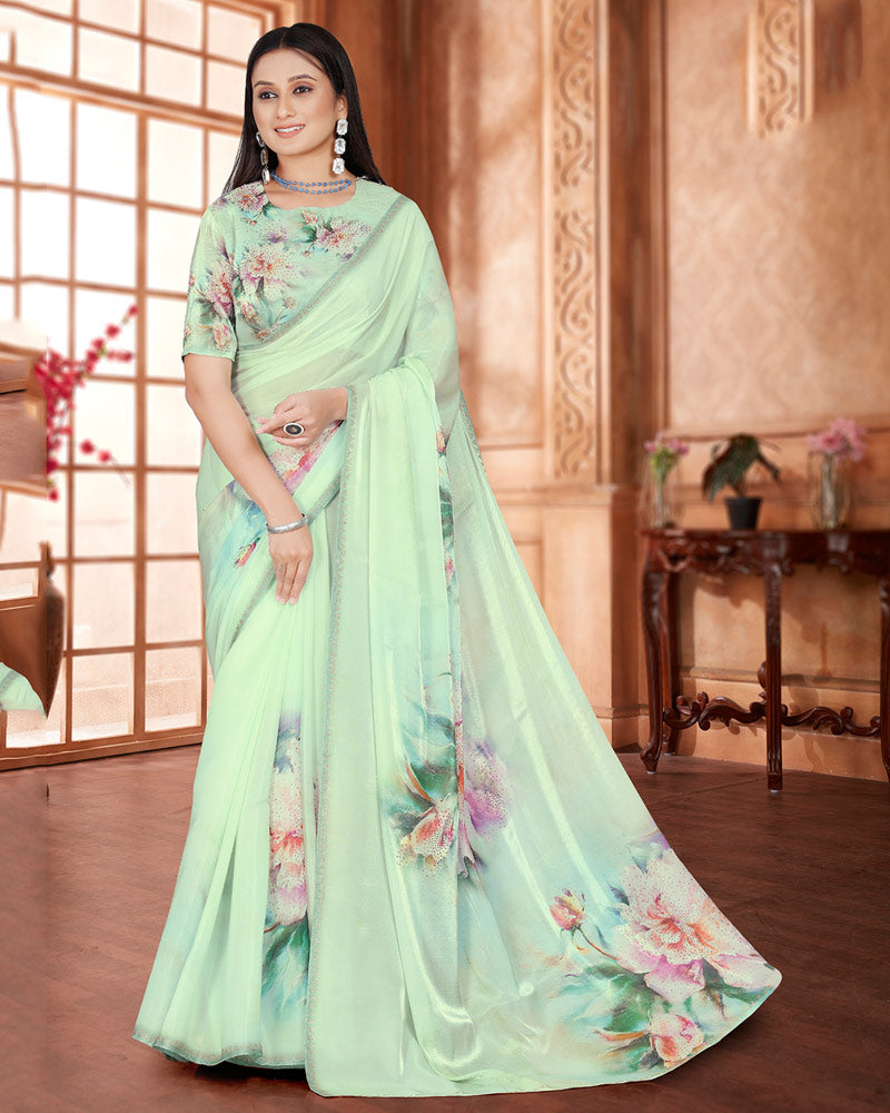 Vishal Prints Beryl Green Digital Print Organza Saree With Diamond Work