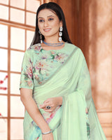 Vishal Prints Beryl Green Digital Print Organza Saree With Diamond Work