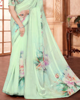 Vishal Prints Beryl Green Digital Print Organza Saree With Diamond Work