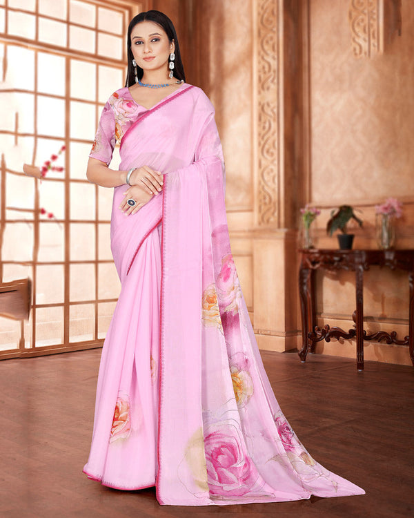 Vishal Prints Baby Pink Digital Print Organza Saree With Diamond Work