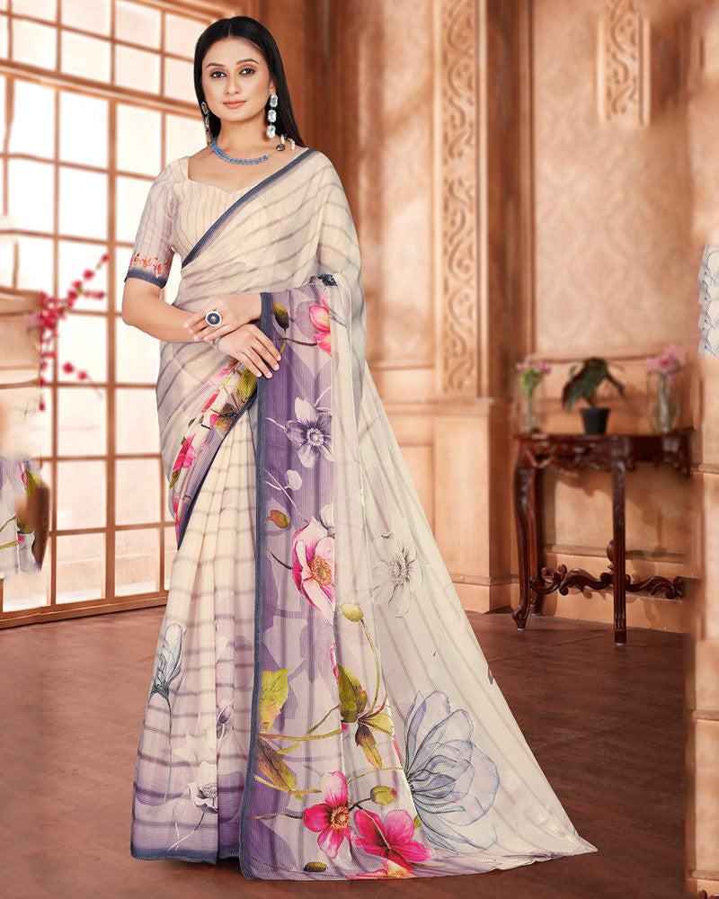 Vishal Prints Almond Cream Digital Print Organza Saree With Diamond Work