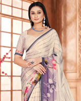 Vishal Prints Almond Cream Digital Print Organza Saree With Diamond Work