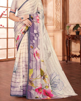 Vishal Prints Almond Cream Digital Print Organza Saree With Diamond Work