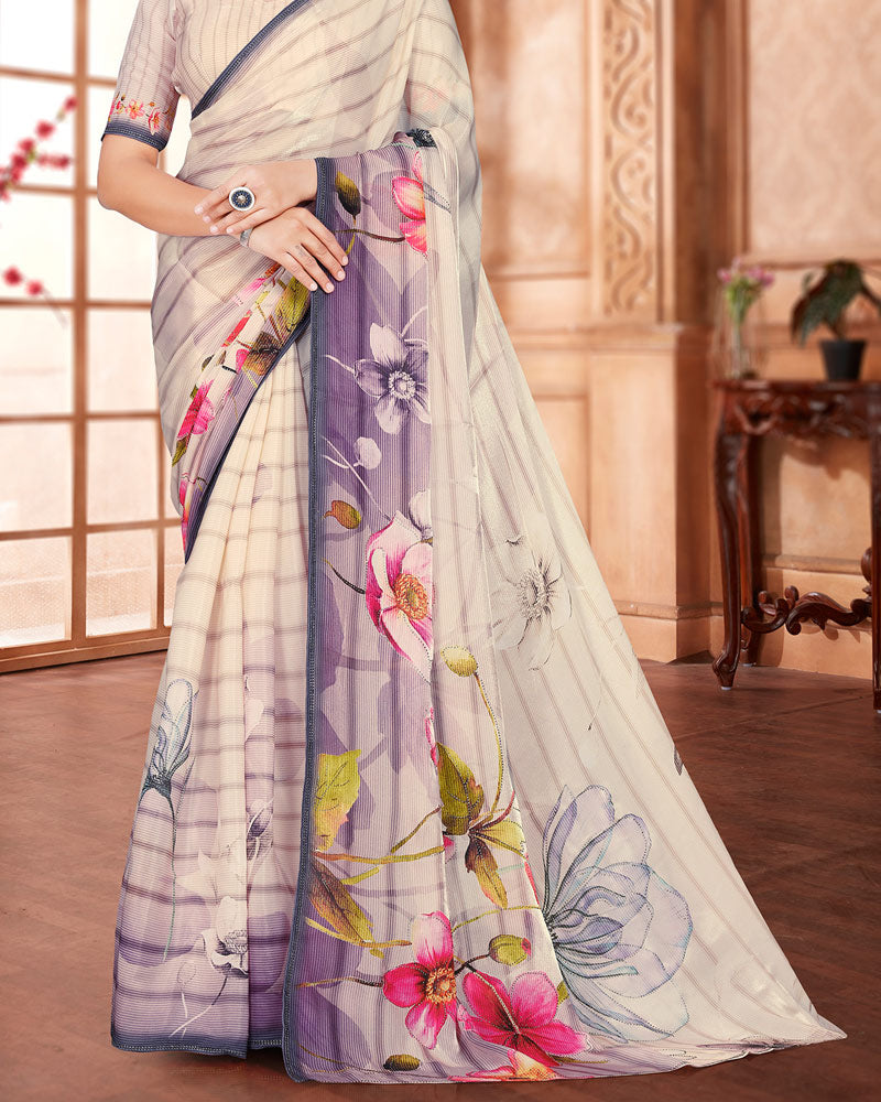 Vishal Prints Almond Cream Digital Print Organza Saree With Diamond Work