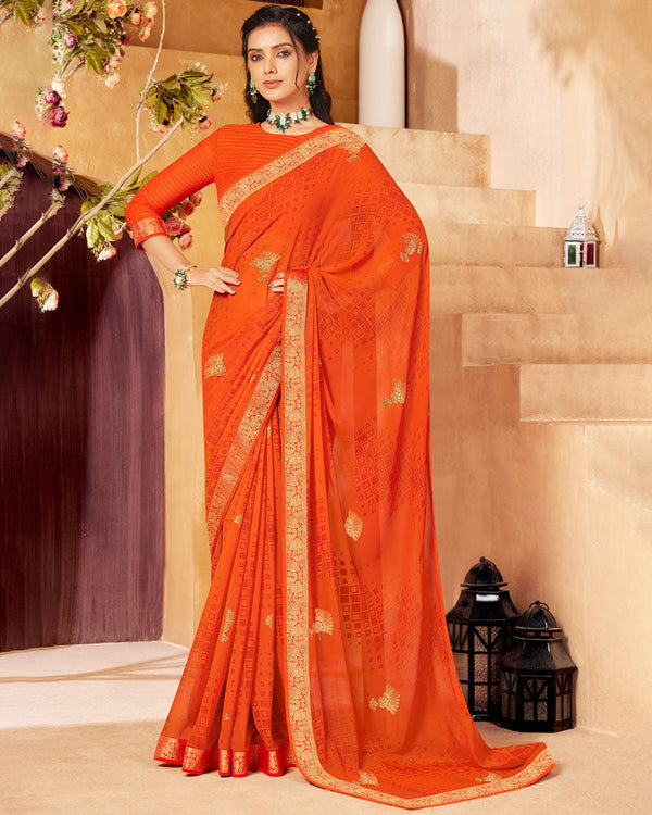 Vishal Prints Dark Orange Georgette Saree With Foil Print And Zari Border