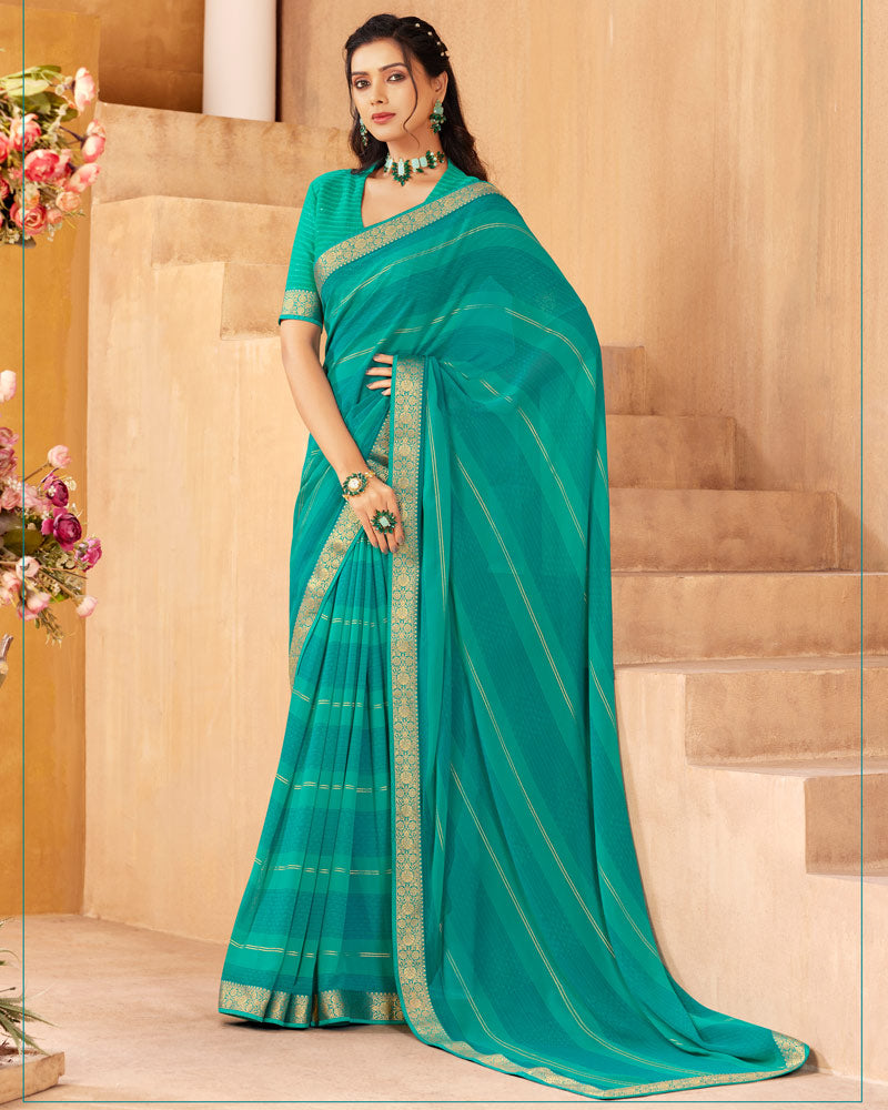 Vishal Prints Aqua Green Georgette Saree With Foil Print And Zari Border