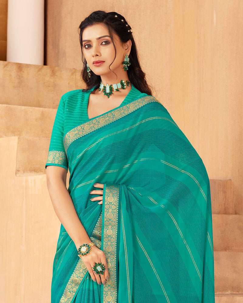 Vishal Prints Aqua Green Georgette Saree With Foil Print And Zari Border