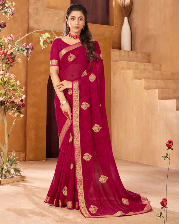 Vishal Prints Burgundy Georgette Saree With Foil Print And Zari Border