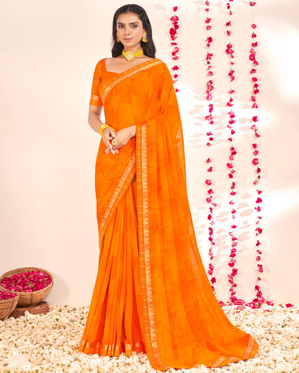 Vishal Prints Orange Printed Georgette Saree With Embroidery Zari Border