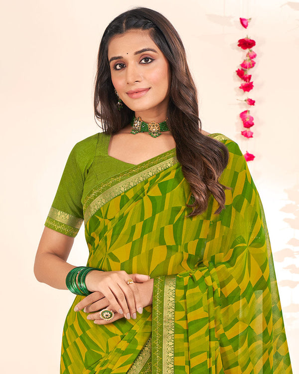 Vishal Prints Mehandi Green Printed Georgette Saree With Embroidery Zari Border