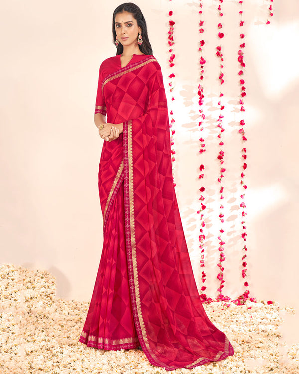 Vishal Prints Pinkish Red Printed Georgette Saree With Embroidery Zari Border