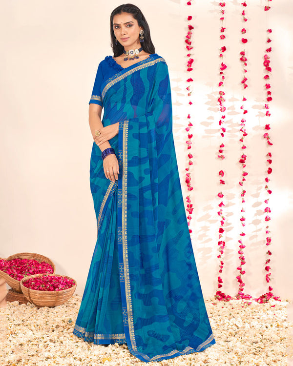Vishal Prints Dark Blue Printed Georgette Saree With Embroidery Zari Border