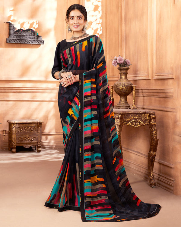 Vishal Prints Black Printed Georgette Saree With Fancy Border