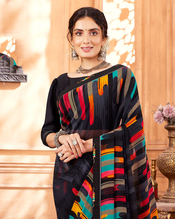 Vishal Prints Black Printed Georgette Saree With Fancy Border