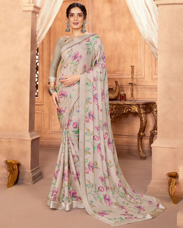 Vishal Prints Sand Grey Printed Georgette Saree With Fancy Border