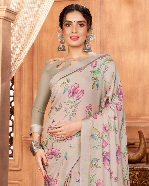 Vishal Prints Sand Grey Printed Georgette Saree With Fancy Border