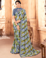 Vishal Prints Cool Grey Printed Georgette Saree With Fancy Border