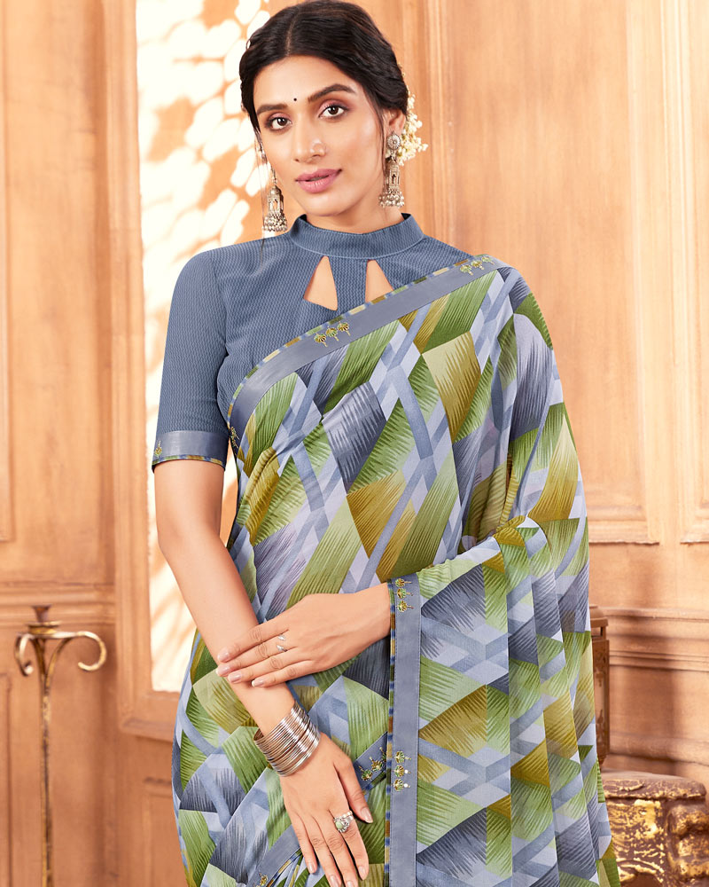 Vishal Prints Cool Grey Printed Georgette Saree With Fancy Border