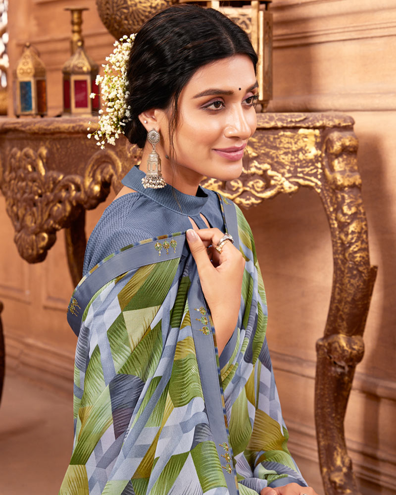 Vishal Prints Cool Grey Printed Georgette Saree With Fancy Border