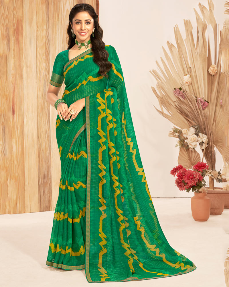 Vishal Prints Dark Green Patterned Chiffon Printed Saree With Foil Print And Zari Border