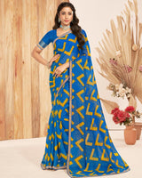 Vishal Prints Aqua Blue Patterned Chiffon Printed Saree With Foil Print And Zari Border