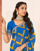 Vishal Prints Aqua Blue Patterned Chiffon Printed Saree With Foil Print And Zari Border