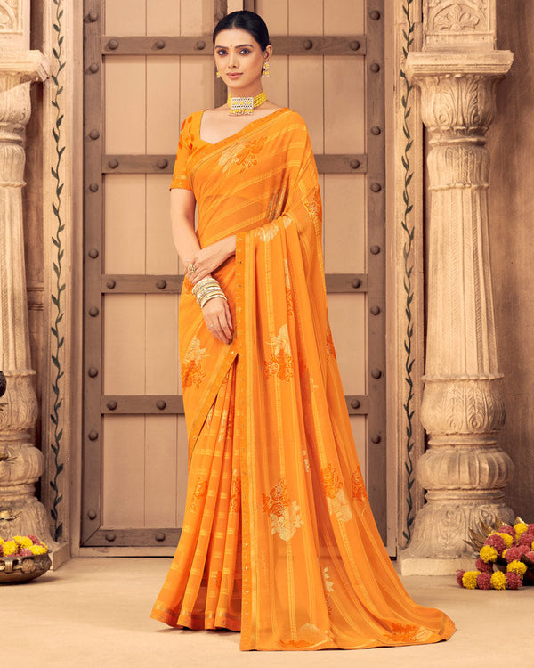 Vishal Prints Saffron Color Patterned Georgette Saree With Foil Print And Border