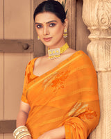 Vishal Prints Saffron Color Patterned Georgette Saree With Foil Print And Border