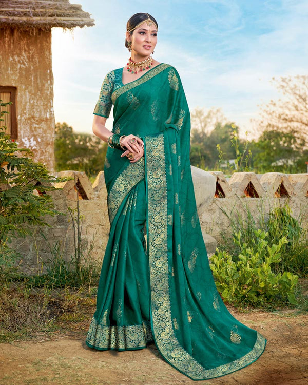 Vishal Prints Teal Chiffon Saree With Foil Print And Zari Border