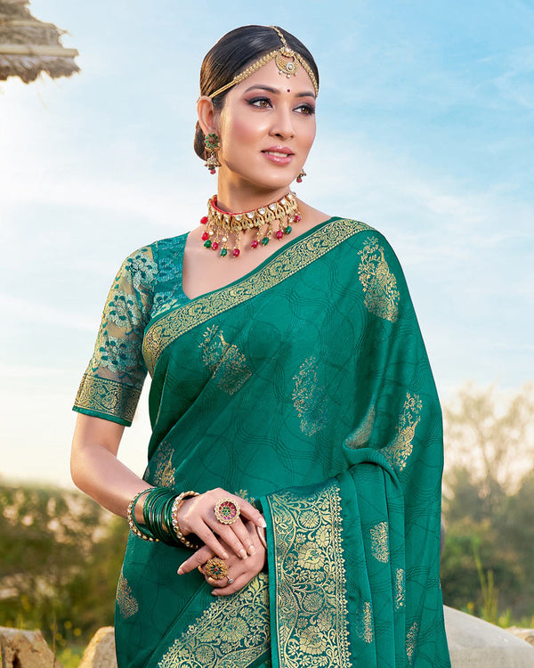 Vishal Prints Teal Chiffon Saree With Foil Print And Zari Border