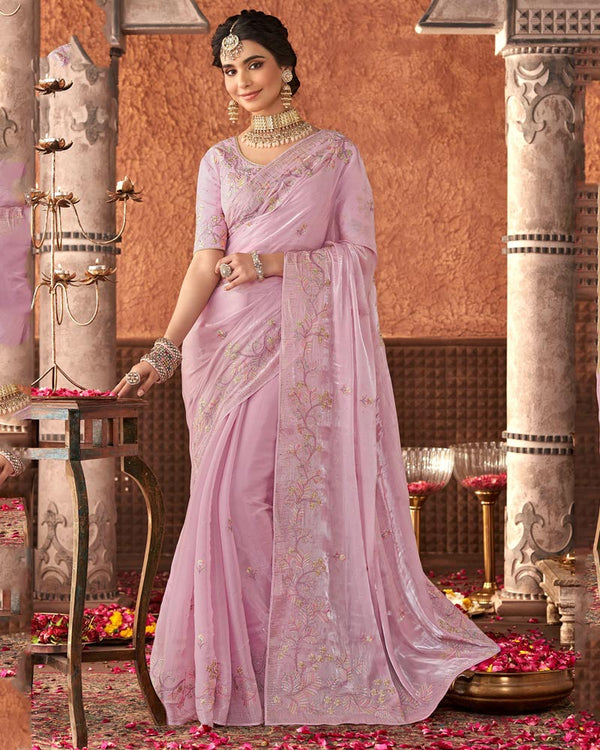 Vishal Prints Baby Pink Designer Organza Saree With Embroidery Diamond Work And Core Piping