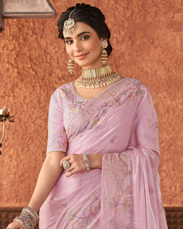 Vishal Prints Baby Pink Designer Organza Saree With Embroidery Diamond Work And Core Piping