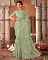 Vishal Prints Turquoise Green Designer Organza Saree With Embroidery Diamond Work And Core Piping