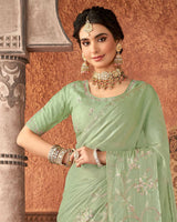 Vishal Prints Turquoise Green Designer Organza Saree With Embroidery Diamond Work And Core Piping