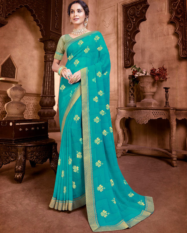 Vishal Prints Turquoise Chiffon Saree With Foil Print And Zari Border