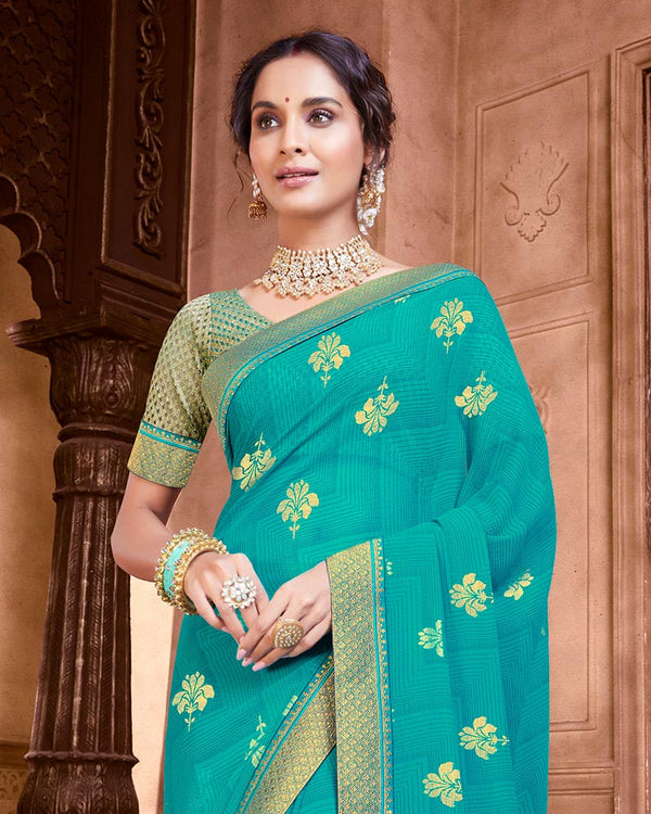 Vishal Prints Turquoise Chiffon Saree With Foil Print And Zari Border