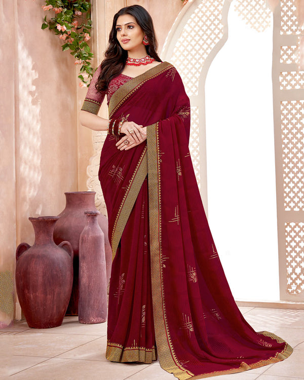 Vishal Prints Burgundy Chiffon Saree With Foil Print And Zari Border