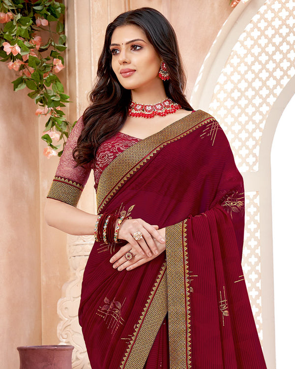 Vishal Prints Burgundy Chiffon Saree With Foil Print And Zari Border