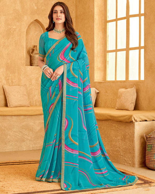 Vishal Prints Dark Turquoise Blue Printed Georgette Saree With Fancy Border